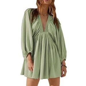 Womens Festival Boho Mini Dress Sz M Green Balloon Sleeve Deep V Plunge Pockets